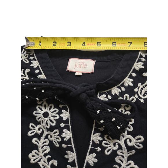 Calling June Embroidered Floral Black Dress LARGE Clean EUC Cotton/Linen - Picture 9 of 12